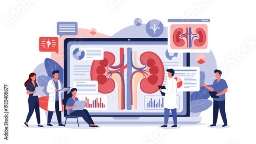 Team of doctors and medical researchers studying human kidney anatomy and health data on a large interactive digital monitor screen.