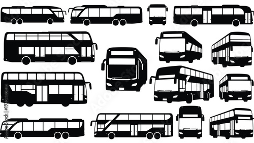 Comprehensive collection of black bus silhouettes including single and double-decker models shown from various perspectives and angles.