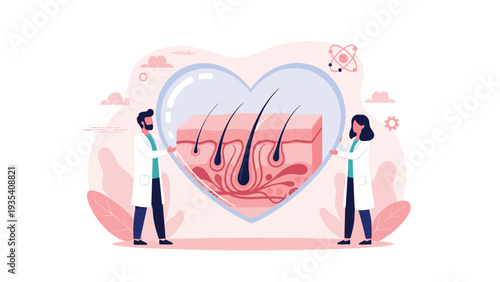 Medical professionals holding a giant heart frame that encapsulates a detailed cross-section of human skin and hair follicle layers.