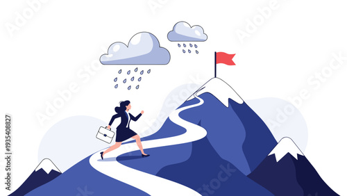 Determined businesswoman running up a winding mountain path under rain clouds toward a red success flag at the peak for achievement.