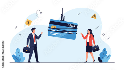Blue bank card suspended by a rope and hook while a businessman and businesswoman reach toward it to represent financial temptation.