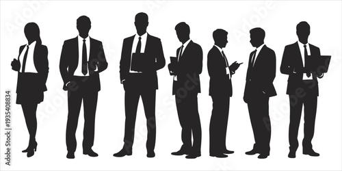 Silhouette collection of business people in suits on white background Keywords: business, people, silhouette, man, woman, suit