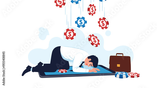 Desperate businessman crying on a large smartphone screen as colorful gambling chips fall around him to represent financial loss.