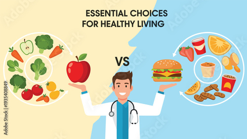 Smiling doctor holding a large red apple in one hand while balancing a tray of fresh vegetables against fast food items for diet choice.