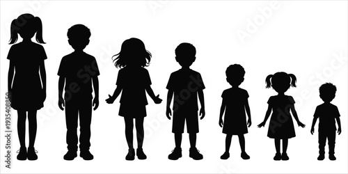 Silhouette Collection Of Children Of Different Ages And Heights Standing Together kids boys