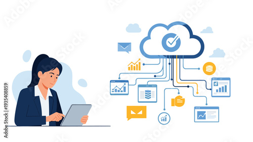 Businesswoman using a digital tablet connected to a cloud computing network with various data and communication app icons for work.