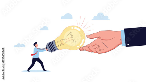Small man exerting effort to push a massive glowing lightbulb toward a giant outstretched palm representing the sharing of new ideas.