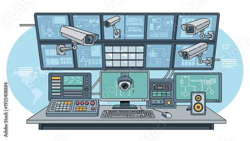 High-tech security surveillance control room featuring multiple digital monitors and various closed-circuit television cameras for safety.