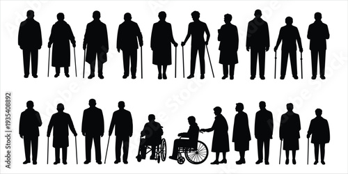 Silhouette collection of elderly people and people in wheelchairs on white background Keywords: elderly, senior, person