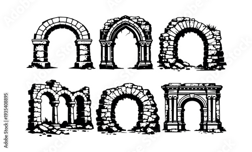 Collection of stylized ancient archway ruins, showcasing broken stone structures, old gateways, and historical architectural pieces