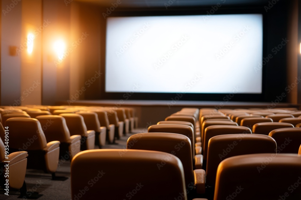 Fototapeta premium Empty Cinema Hall with White Screen Turned On and Comfortable Seating Arrangement