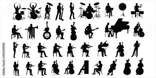 Silhouette collection of musicians playing various instruments on white background Keywords: musician, silhouette, music