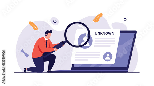 Investigator uses large magnifying glass to inspect unknown profile on laptop screen during online security or identity verification.