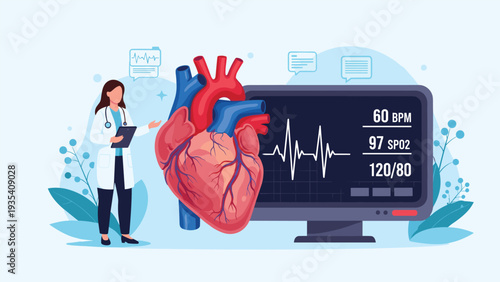 Cardiologist monitors patient heart health using large anatomical model and screen displaying vital signs and beats per minute data.