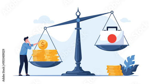 Man balances stacks of gold coins against medical kit with Japanese flag symbolising healthcare costs and economic value in Japan.