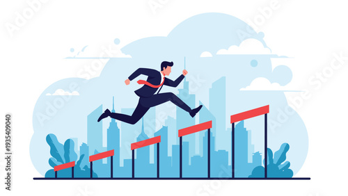 Determined businessman jumps over series of red hurdles against city skyline backdrop representing career challenges and success.