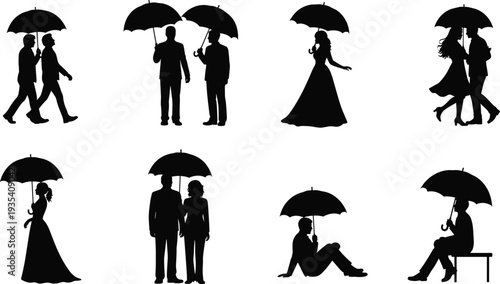 Umbrella silhouettes illustration, people holding umbrellas vector, couple artwork design, rainy day icon, fashion accessory motif, outdoor weather decor