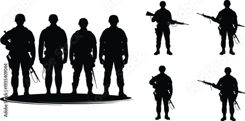 Silhouette Collection Of Soldiers Standing And Holding Rifles On White Background military army
