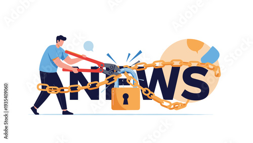 Male journalist using large bolt cutters to break heavy chains wrapped around word news and padlock representing freedom of speech and press.