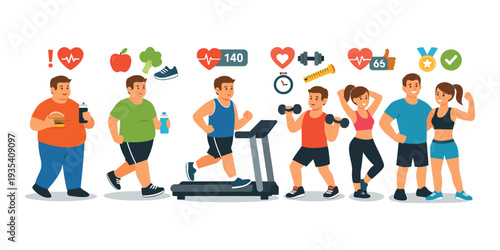 Man transforming from an unhealthy lifestyle to fitness through diet and exercise, ending in a healthy, active couple