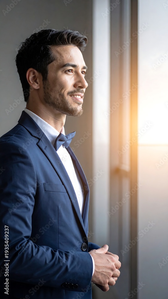 Fototapeta premium Well-dressed man gazes thoughtfully out of a bright window