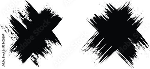 Abstract brush stroke artwork with two black x shapes on white background