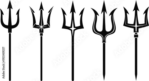Trident silhouettes illustration, mythological weapon vector, Poseidon Neptune symbol, fantasy artwork design, sea god icon, ancient spear motif, decorative graphic element