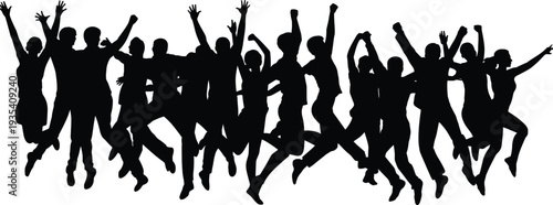 Silhouette of a diverse group of people jumping and celebrating together celebration
