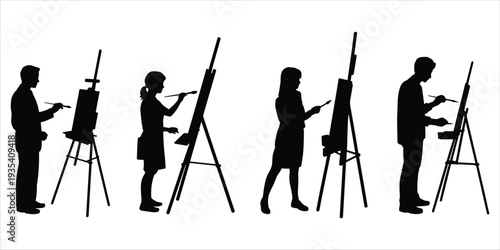Silhouettes of Artists Painting on Easels with Brushes on White Background vector illustration