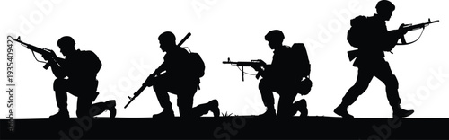 Silhouette soldiers in tactical positions with rifles on white background military army