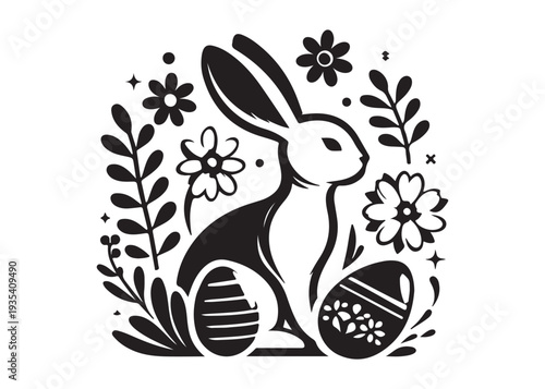 easter bunny eggs and flowers logo silhouette, easter eggs silhouette vector illustration,  decorative pattern logo silhouette, easter bunny eggs and floral logo silhouette design on white background