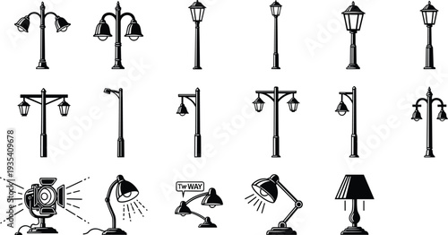 Set, of, street, lamp, and, desk, light, silhouettes, vector, icons, for, urban, decor, interior, design, furniture, outdoor, lighting, minimalist, illustration.