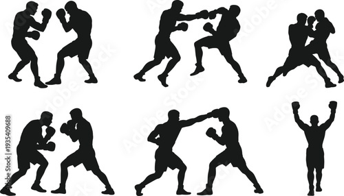 Silhouettes of boxers in action and celebrating victory on a white background boxing fighting