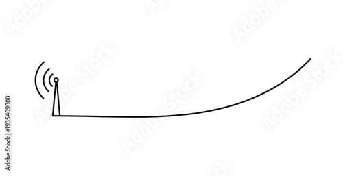 Simple illustration of a wireless communication tower broadcasting signal with a curved transmission line