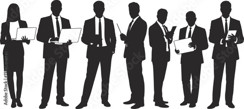 Silhouettes of business people with laptops and tablets on a white background professionals
