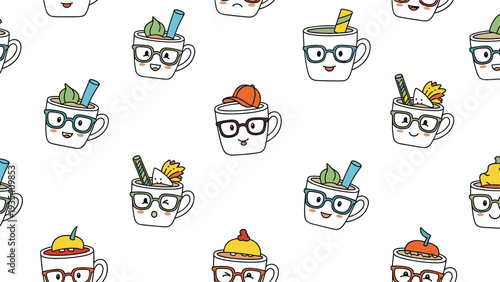 Charming seamless pattern of cute cartoon mugs with faces, glasses, and various whipped cream toppings on white.