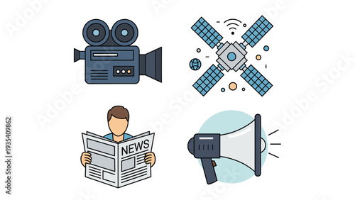 Set of mass media icons including a video camera, satellite, newspaper reader, and a loud megaphone for news.