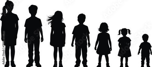 Silhouettes of children of different heights and ages standing in a line on white background kids