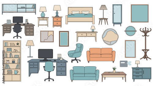 Extensive collection of diverse interior furniture icons for living rooms and offices including desks, chairs, and sofas.