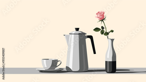 Elegant still life illustration featuring a tall coffee pot, a white ceramic cup, and a single pink rose in a vase.