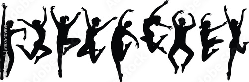 Silhouettes of ballet dancers in various dynamic poses on a white background dancing leaping