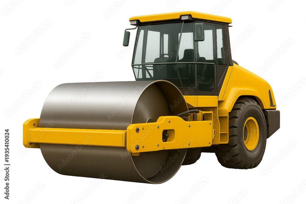 Fototapeta premium Yellow road roller flattening surface on transparent background