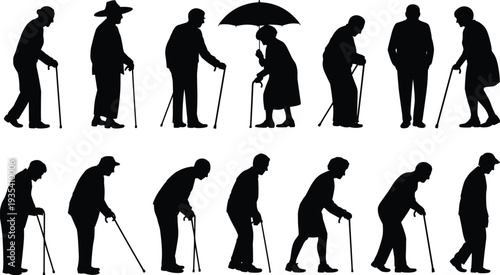 Silhouettes of elderly people with canes and an umbrella in various poses on white background seniors