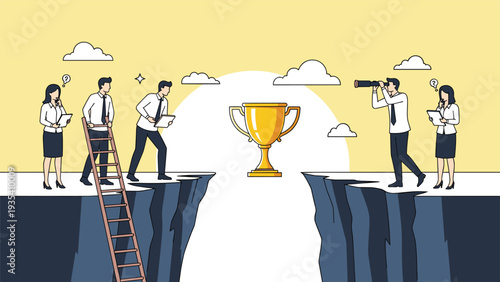 Business people on separate cliffs looking toward a central trophy while using tools like ladders and binoculars.
