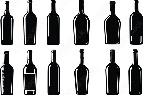 Set, of, wine, bottle, silhouettes, isolated, on, white, background, vector, icons, for, bar, restaurant, menu, winery, alcohol, beverage, minimalist, illustration.