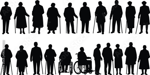 Silhouettes of elderly people standing and sitting in wheelchairs with canes senior