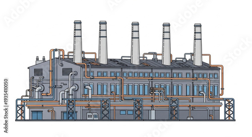 Detailed illustration of a large industrial power plant with multiple smokestacks and complex piping systems.