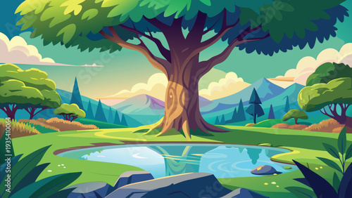 A serene forest scene with a large tree overlooking a tranquil pond.