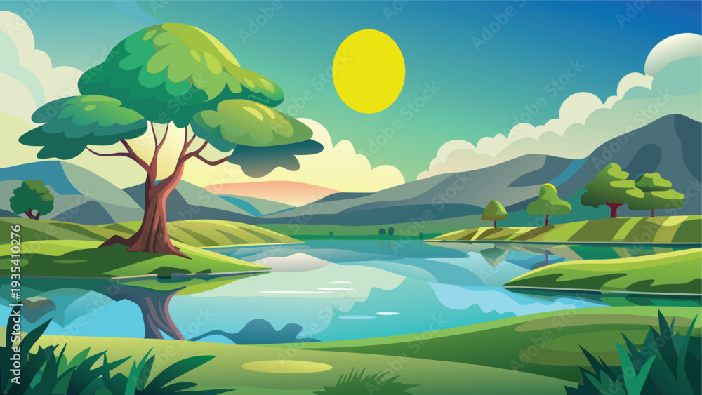 Obraz premium Serene lakeside landscape under a golden sun and gentle clouds