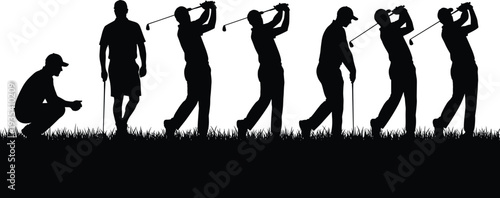 Silhouette collection of a male golfer performing a full swing sequence on grass isolated on white background for sports training